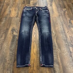 True Religion Skinny Jeans Dark Wash White Big T Stitching Size 29 Distressed
